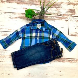 1989 Place Outfit Long Sleeve Button Down Plaid Shirt & Denim Jean Sz 9-12M